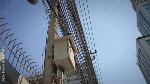 The Urban Power Lines Contrasting Against a Beautiful and Clear Sky View Above Us