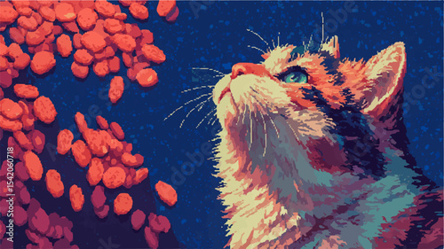 Cat looking up at falling dry cat food, digital illustration