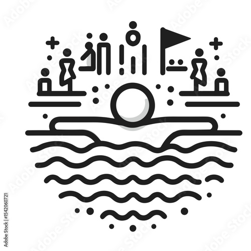 Swimming pool scene with people enjoying water activities  