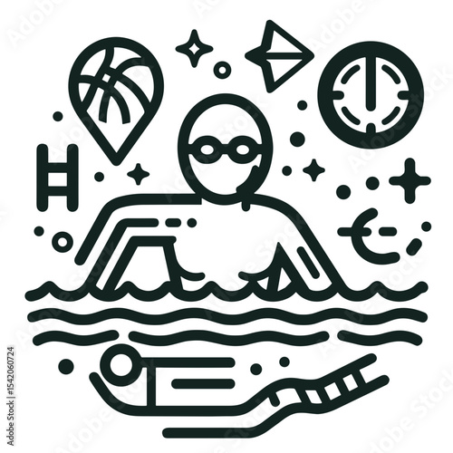 Line art illustration of a swimmer surrounded by aquatic symbols  