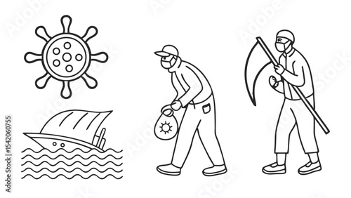 Illustration showing virus, sinking ship, man with virus bag, and grim reaper with face mask and scythe