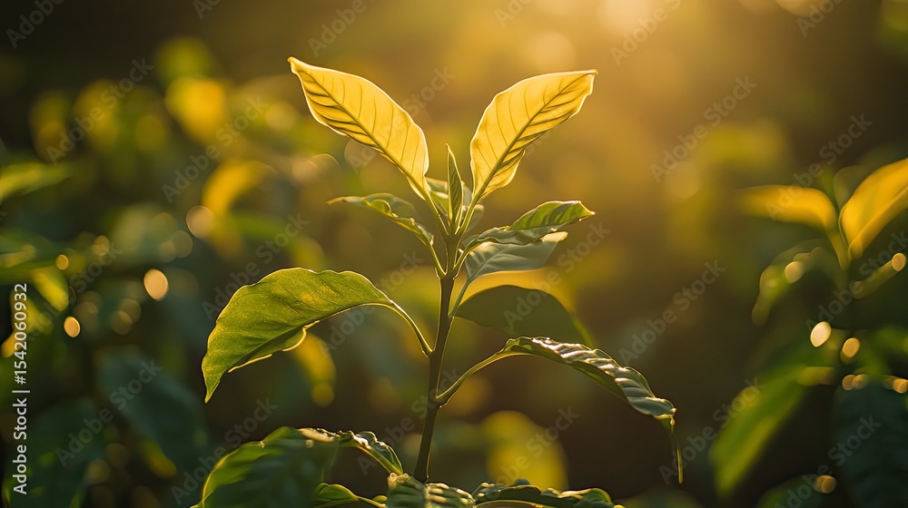 Obraz premium Young leaves bathed in golden sunlight