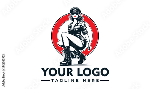 Illustration of a woman in a stylized uniform and boots, posing in front of a red circle.