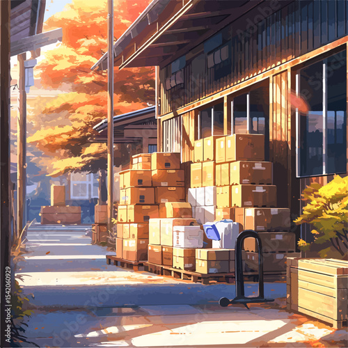 Stacks of packed cardboard boxes sitting on wooden pallets near a warehouse building in autumn sunlight