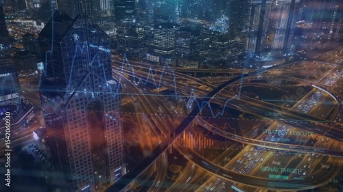 image of data processing over cityscape. global business, digital interface, connections and digital interface concept digitally generated image.