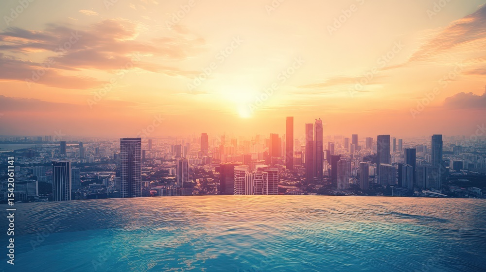 Fototapeta premium Stunning Cityscape at Sunset with Infinity Pool Overlooking Urban Skyline and Golden Sunlight Reflecting Off Towers and Water Surface in Vibrant Colors