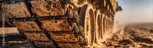 Extreme close-up of rusted main battle tank tread in desert with sand dust and harsh sunlight shadows, hyper-detailed mechanical texture showing wear and decay.

