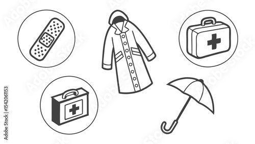 Illustration of a raincoat, umbrella, bandage, and two first aid kits in black and white drawing style