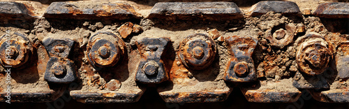 Extreme close-up of rusted main battle tank tread in desert with sand dust and harsh sunlight shadows, hyper-detailed mechanical texture showing wear and decay.

