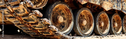 Extreme close-up of rusted main battle tank tread in desert with sand dust and harsh sunlight shadows, hyper-detailed mechanical texture showing wear and decay.

