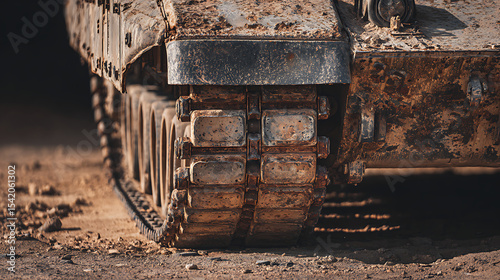 Extreme close-up of rusted main battle tank tread in desert with sand dust and harsh sunlight shadows, hyper-detailed mechanical texture showing wear and decay.

