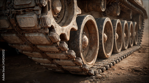 Extreme close-up of rusted main battle tank tread in desert with sand dust and harsh sunlight shadows, hyper-detailed mechanical texture showing wear and decay.

