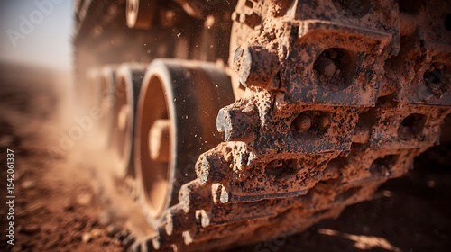 Extreme close-up of rusted main battle tank tread in desert with sand dust and harsh sunlight shadows, hyper-detailed mechanical texture showing wear and decay.

