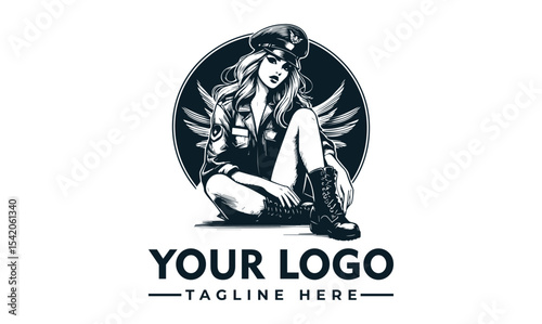 A stylized logo featuring a seated woman in a military-inspired outfit with wings, evocative of a biker or rebellious character.