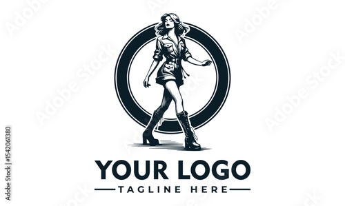 Stylish woman model walking, logo design, vintage aesthetic, monochrome illustration.