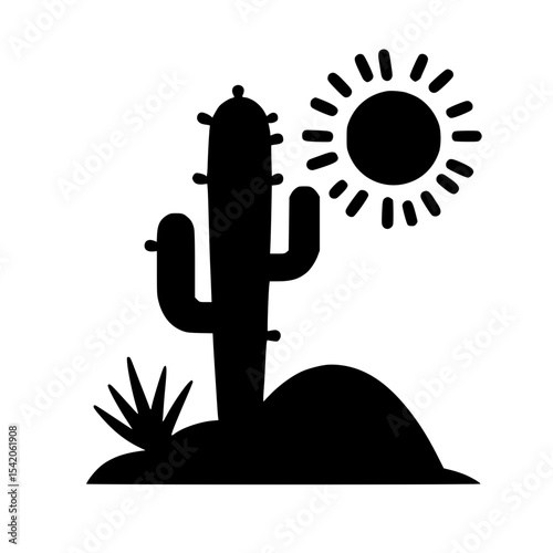 Minimalist Cactus in Desert with Sun Silhouette – Black SVG Clipart Icon