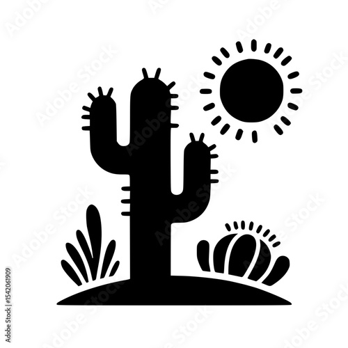 Minimalist Cactus in Desert with Sun Silhouette – Black SVG Clipart Icon