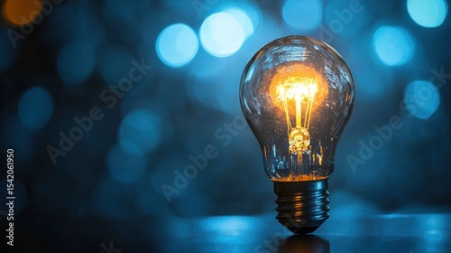 A glowing light bulb with a blue and white bokeh background. The bulb emits a warm yellow light, casting a soft glow on the surrounding area.