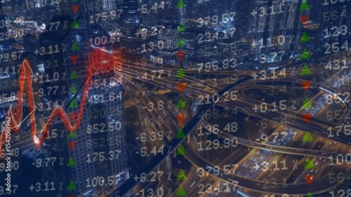 image of data processing over cityscape. global business, digital interface, connections and digital interface concept digitally generated image.