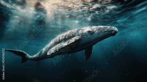 A captivating image of a humpback whale swimming gracefully underwater, showcasing its grandeur and the beauty of marine life in a serene environment.