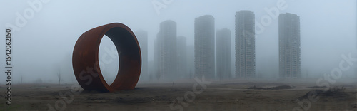 Abandoned city square with giant rusted radiation symbol in center, decaying skyscrapers shrouded in thick fog under cold grey cinematic lighting. Post-apocalyptic urban decay concept.