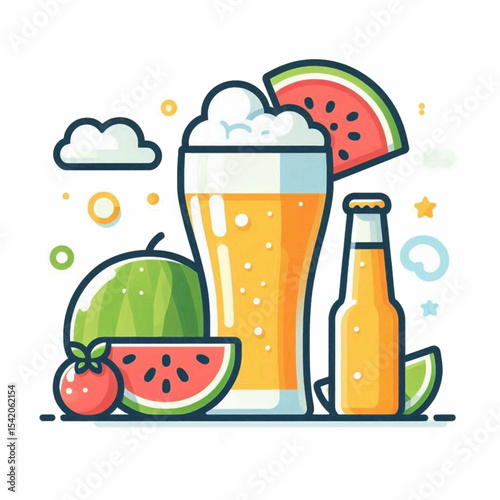 Beer watermelon  summer icons tall glass bottle fruit slices  cute accents evoke a fun seasonal vibe