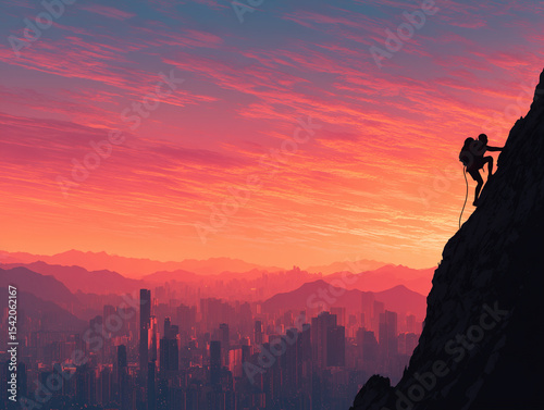 silhouette of a man climbing a mountain with sunset view of a city behind