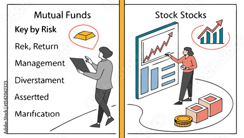 Illustration showing mutual funds and stock stocks with people and financial charts and gold bar icon