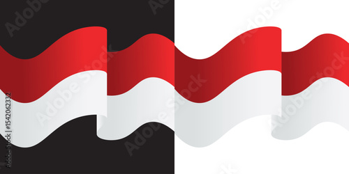 The red and white flag of Indonesia is in the form of waves on a black & white background.