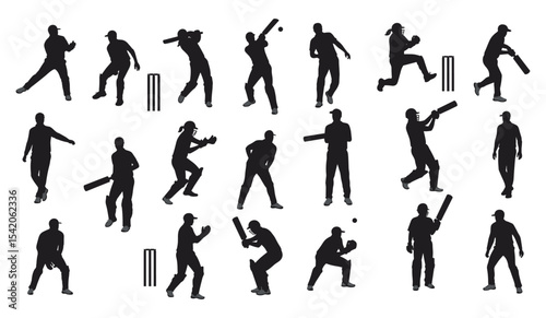 A Comprehensive Collection of Batsmen, Bowlers, Fielders, and Wickets in Diverse Game Poses, Illustrating Team Sport