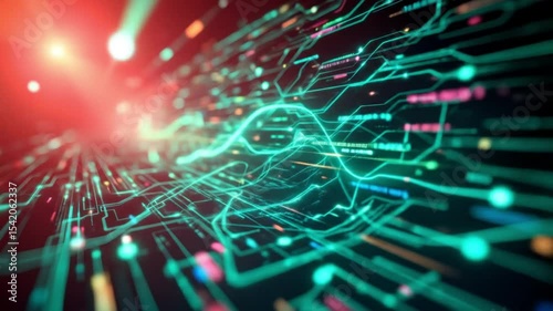 Cyan-green holographic light motion with glowing data paths