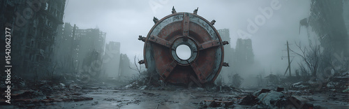 Abandoned city square with giant rusted radiation symbol in center, decaying skyscrapers shrouded in thick fog under cold grey cinematic lighting. Post-apocalyptic urban decay concept.