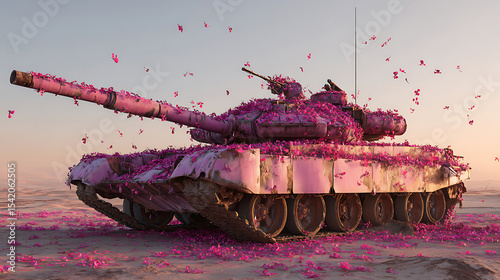 Abandoned military battle tank covered with vibrant wildflowers under golden sunset lighting, hyperrealistic texture of rusted metal and petals, depth of field, 8K resolution, matte painting style.