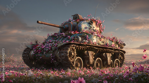 Abandoned military battle tank covered with vibrant wildflowers under golden sunset lighting, hyperrealistic texture of rusted metal and petals, depth of field, 8K resolution, matte painting style.