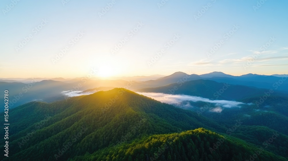 Fototapeta premium Sunrise over a mountain range. Lush green forested peaks are bathed in golden sunlight, with clouds clinging to the valleys. A tranquil and majestic scene