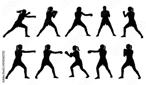 Silhouettes of Women in Various Fighting Stances and Punching Poses, Embodying Power and Athleticism