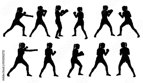 A Collection of Women in Various Boxing Stances and Action Poses, Highlighting Strength and Empowerment