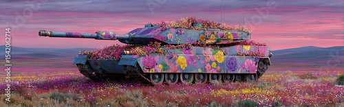 Abandoned military battle tank covered with vibrant wildflowers under golden sunset lighting, hyperrealistic texture of rusted metal and petals, depth of field, 8K resolution, matte painting style.