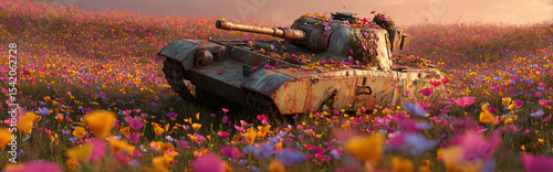 Abandoned military battle tank covered with vibrant wildflowers under golden sunset lighting, hyperrealistic texture of rusted metal and petals, depth of field, 8K resolution, matte painting style.
