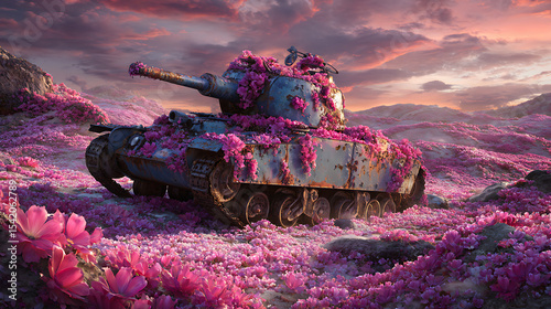 Abandoned military battle tank covered with vibrant wildflowers under golden sunset lighting, hyperrealistic texture of rusted metal and petals, depth of field, 8K resolution, matte painting style.