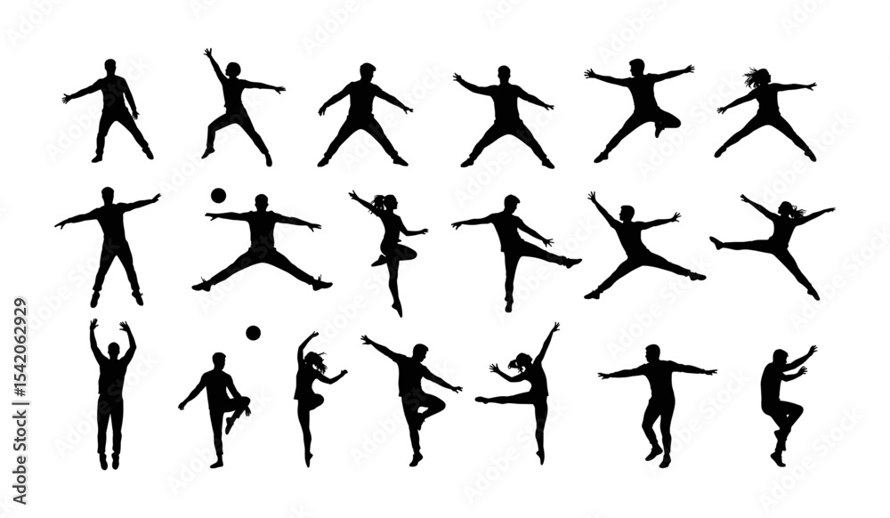 Naklejka premium Dynamic Collection of Soccer Player Silhouettes in Action ? Featuring Kicking, Running, and Various Game Poses with Balls for Sports and Athletic Designs [Recovered].ai