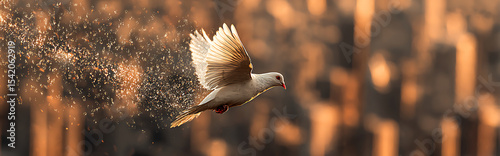 Majestic white dove soaring over futuristic cityscape at sunset with glowing particle trail, ultra-detailed cinematic lighting symbolizing peace and hope in modern urban life.

