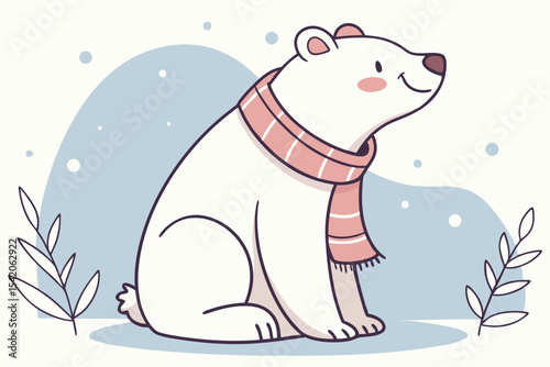 Cute polar bear with striped scarf sitting in snow with winter foliage vector