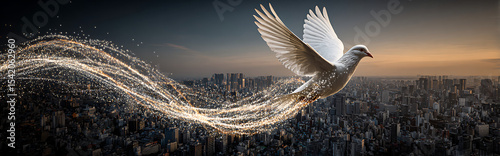 Majestic white dove soaring over futuristic cityscape at sunset with glowing particle trail, ultra-detailed cinematic lighting symbolizing peace and hope in modern urban life.

