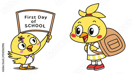 Two cartoon chicks one holding a sign that says first day of school and the other wearing a backpack