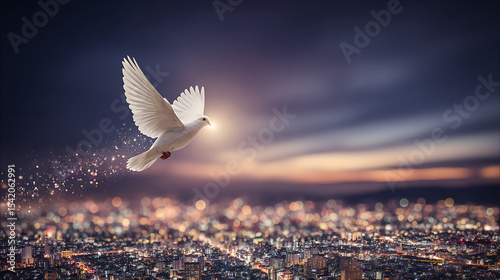 Majestic white dove soaring over futuristic cityscape at sunset with glowing particle trail, ultra-detailed cinematic lighting symbolizing peace and hope in modern urban life.

