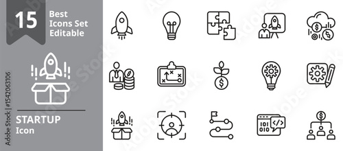 Startup icons. Icons Contains launch, idea, innovation, growth, planning, etc . Design elements for you projects. Editable stroke vector illustration