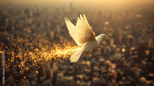 Majestic white dove soaring over futuristic cityscape at sunset with glowing particle trail, ultra-detailed cinematic lighting symbolizing peace and hope in modern urban life.

