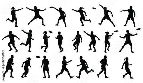 Dynamic Collection of Ultimate Frisbee Player Silhouettes in Various Action Poses – Featuring Male and Female Athletes Throwing, Catching, and Running for Sports and Fitness Designs
