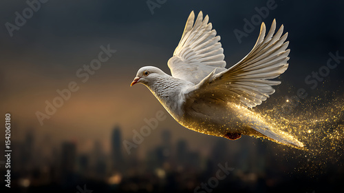 Majestic white dove soaring over futuristic cityscape at sunset with glowing particle trail, ultra-detailed cinematic lighting symbolizing peace and hope in modern urban life.

